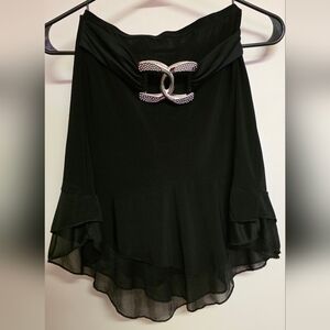 Black Mini Skirt With Silver Buckle Accent And Ruffled Hem